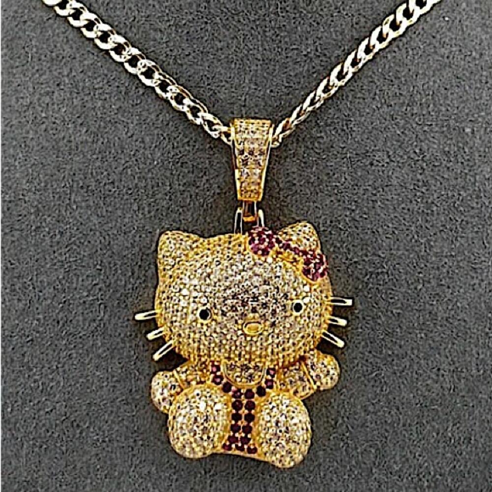 Gold Iced Out Hello Kitty Charm Pendant Necklace 3D Full Body - Picture 3 of 5